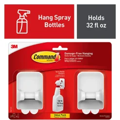 Command Spray Bottle Hangers, 2 Bottle Hangers, 4 White Adhesive Strips, Damage Free Hanging Picture Hangers, No Tools Wall Hanging Strips