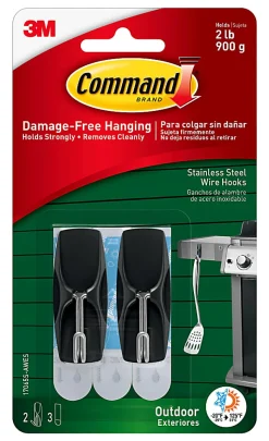 Command Wire Toggle Black Hooks, 2 Medium Hooks and 3 Adhesive Strips, Damage Free Hanging Hooks, Great for Outdoor Use