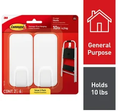 Command X-Large Hooks, 2 Hooks, 6 White Adhesive Strips, Damage Free Hanging Picture Hangers, No Tools Wall Hanging Strips For Living Spaces
