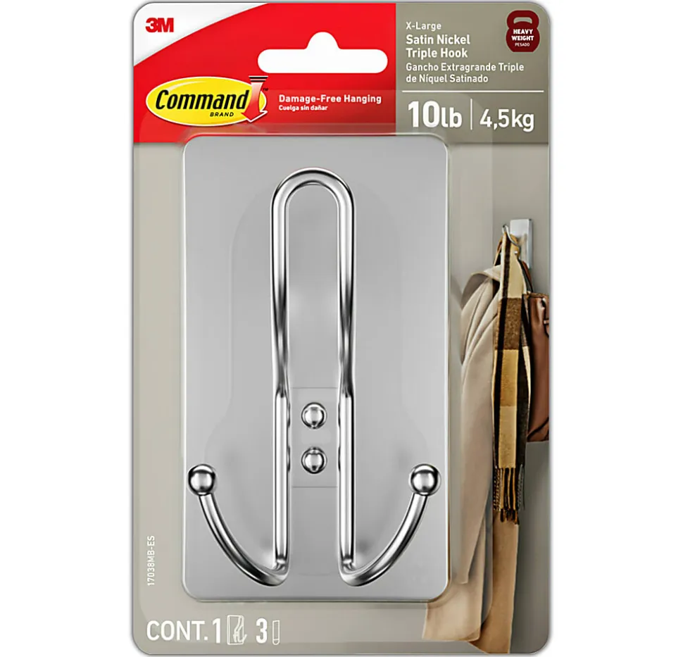 Command™ X-Large Satin Nickel Triple Hook, 1 Command Hook, 3 Command Strips, Damage Free Hanging Picture Hangers, No Tools Wall Hanging Strips
