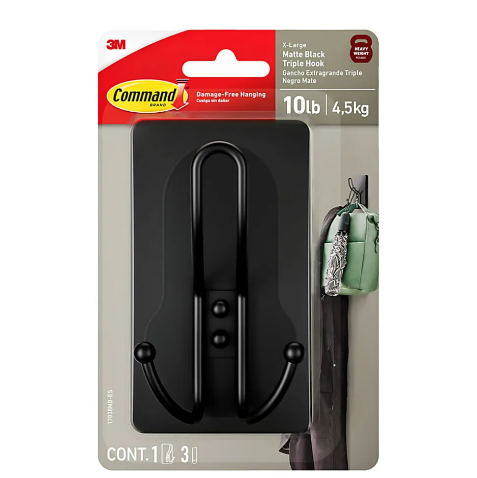 Command® X-Large Triple Hook, 1 Hook, 3 Black Adhesive Strips, Damage Free Hanging Picture Hangers, No Tools Wall Hanging Strips For Living Spaces