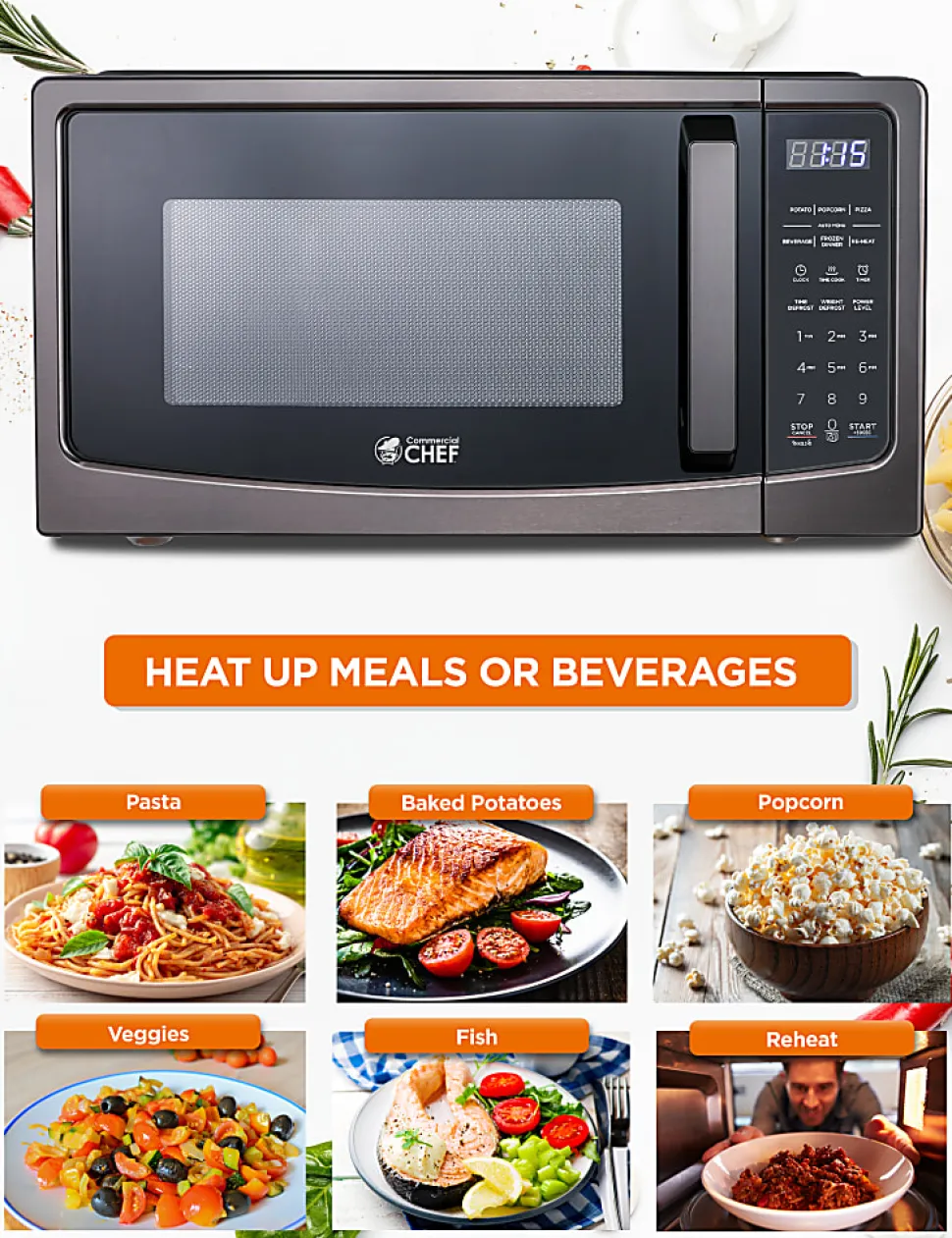 Commercial Chef 1.1 Cu. Ft. Microwave With 10 Power Levels, 11”H x 20”W x 17”D, Black/Silver