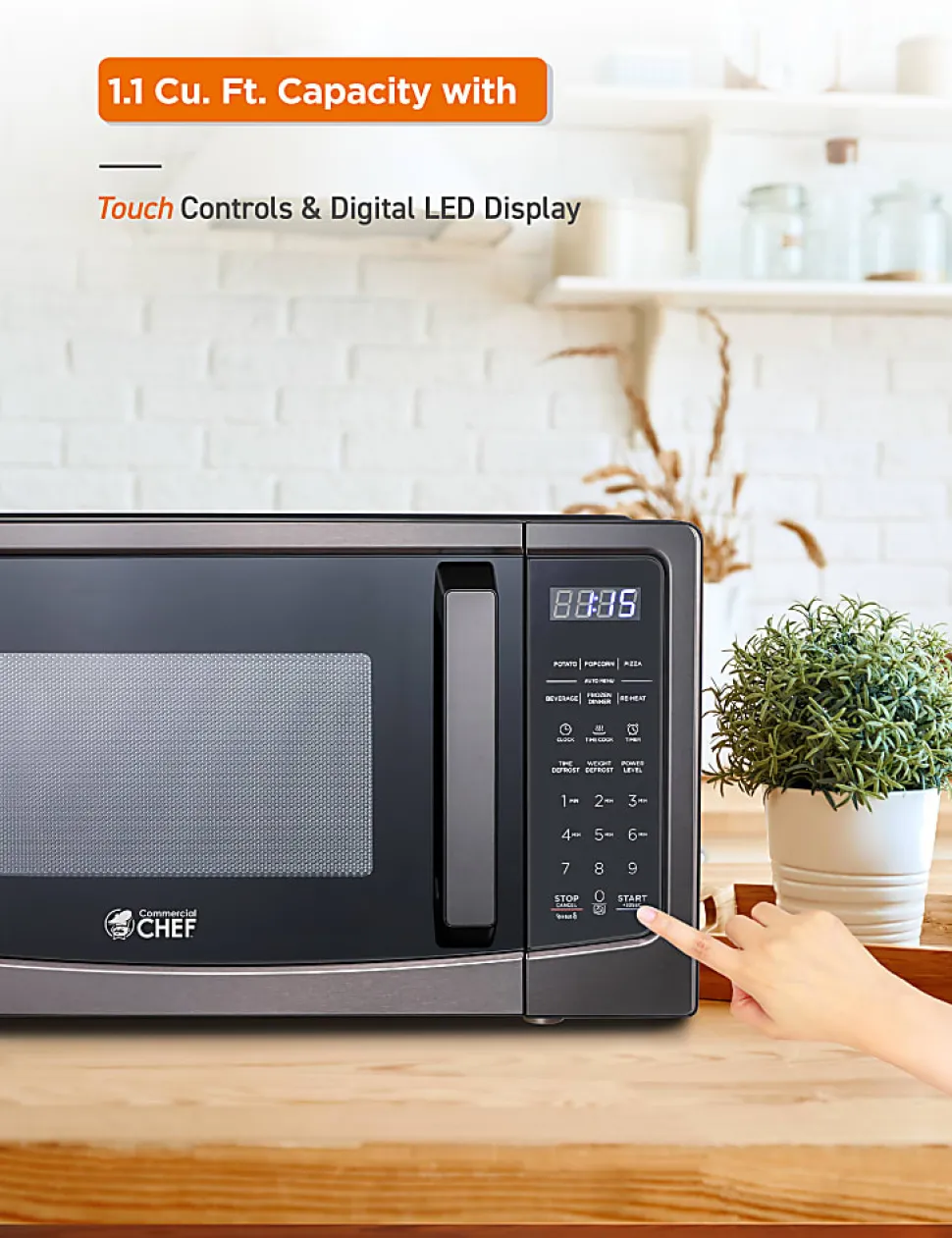 Commercial Chef 1.1 Cu. Ft. Microwave With 10 Power Levels, 11”H x 20”W x 17”D, Black/Silver