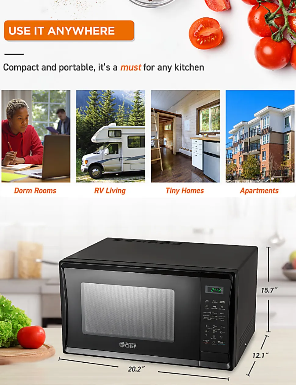 Commercial Chef 1.1 Cu. Ft. 1000W Countertop Microwave Oven, Black