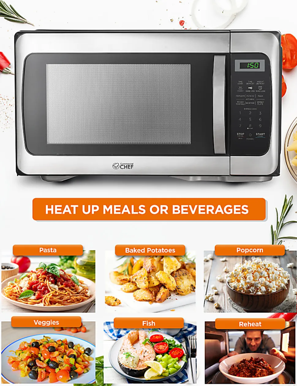 Commercial Chef 1.1 Cu. Ft. 1000W Countertop Microwave Oven, Silver/Black