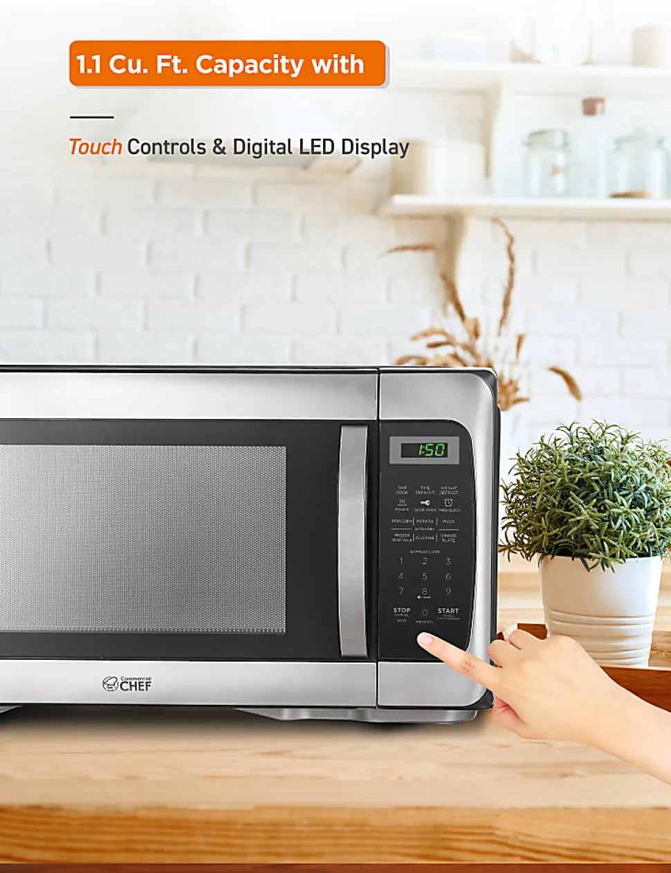 Commercial Chef 1.1 Cu. Ft. 1000W Countertop Microwave Oven, Silver/Black