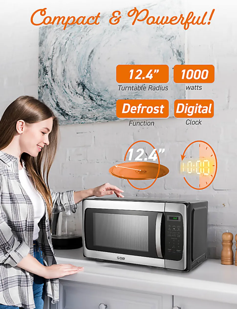 Commercial Chef 1.1 Cu. Ft. 1000W Countertop Microwave Oven, Silver/Black