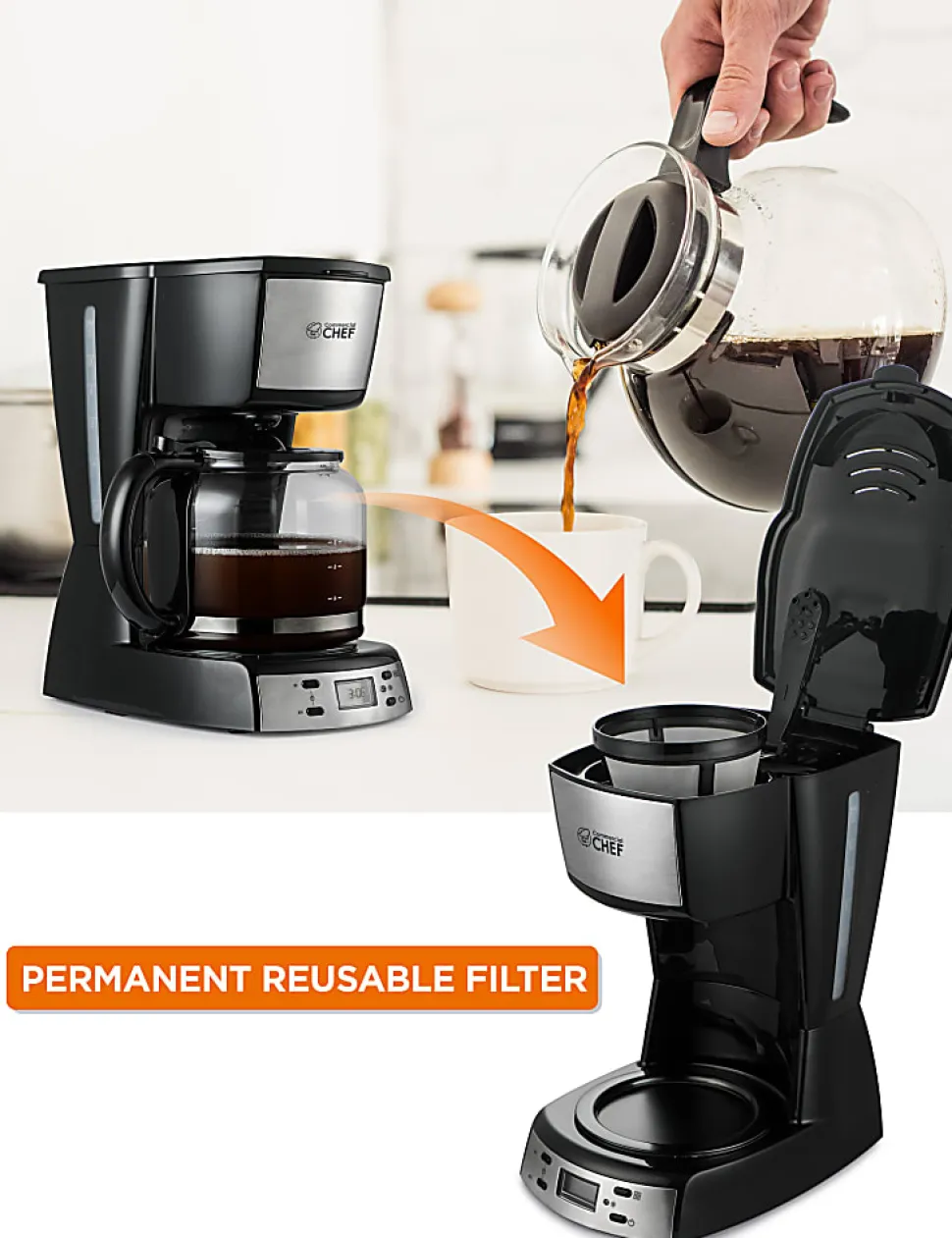 Commercial Chef 12-Cup Digital Programmable Coffee Maker With Nylon Coffee Filter, Black