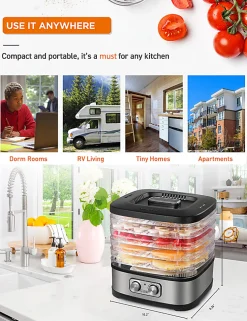 Commercial Chef Food Dehydrator With 5 Adjustable Height Trays, 9-13/16”H x 10-1/4”W x 8-5/16”D, Silver