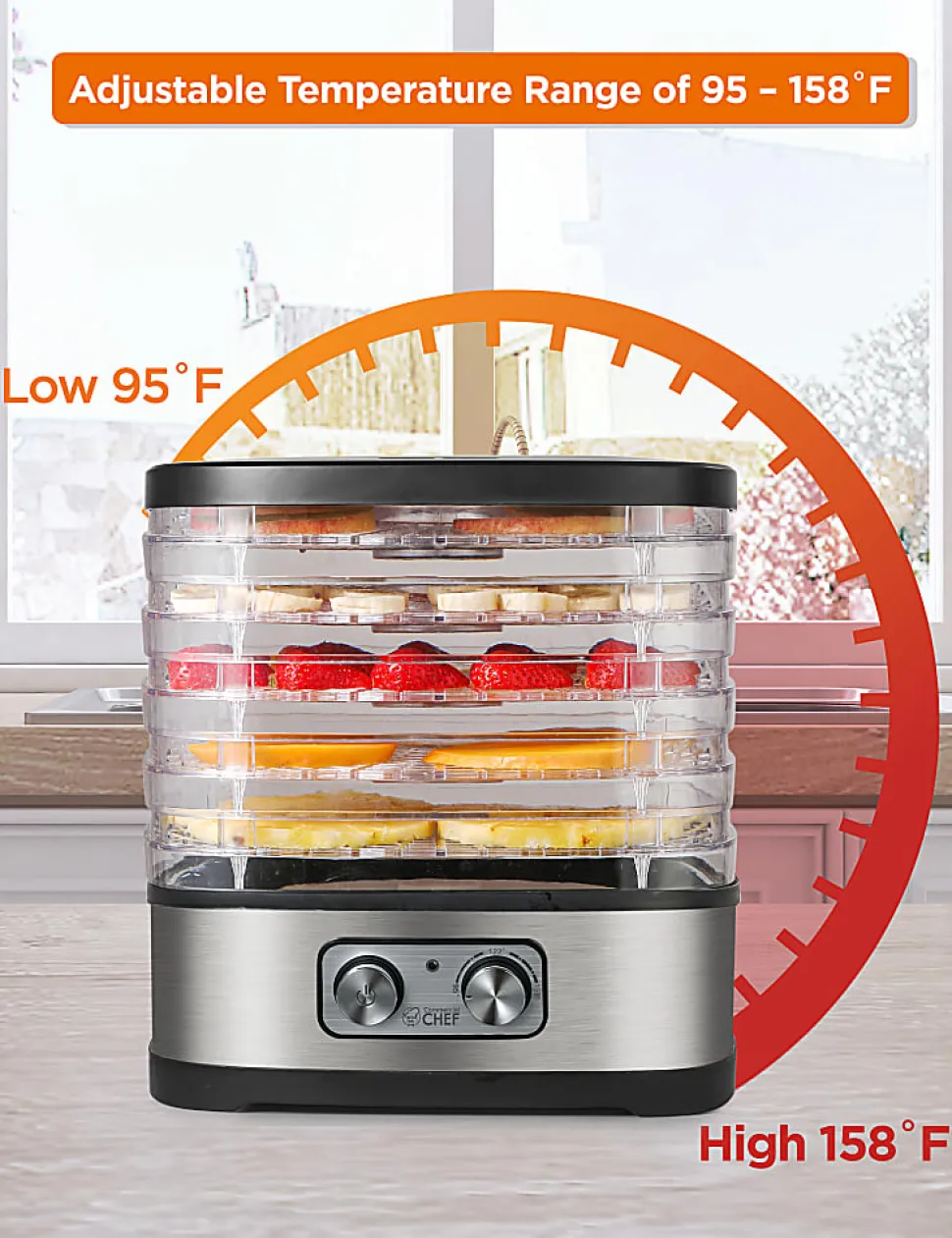Commercial Chef Food Dehydrator With 5 Adjustable Height Trays, 9-13/16”H x 10-1/4”W x 8-5/16”D, Silver