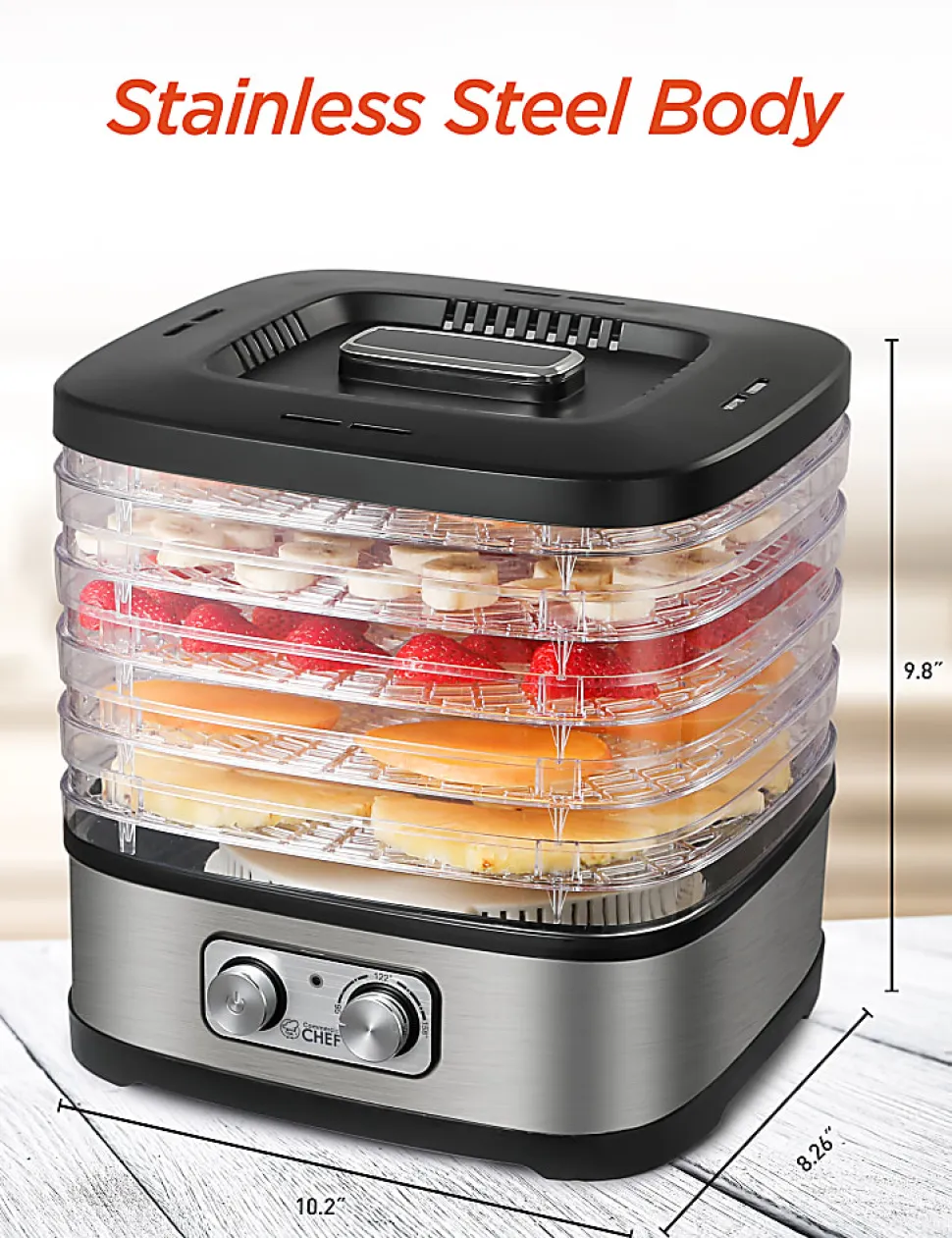 Commercial Chef Food Dehydrator With 5 Adjustable Height Trays, 9-13/16”H x 10-1/4”W x 8-5/16”D, Silver