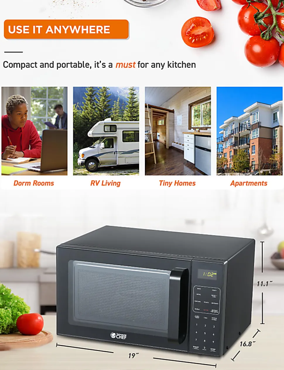 Commercial Chef 5-In-1 Countertop Microwave Air Fryer Combo, 0.9 Cu. Ft., Black
