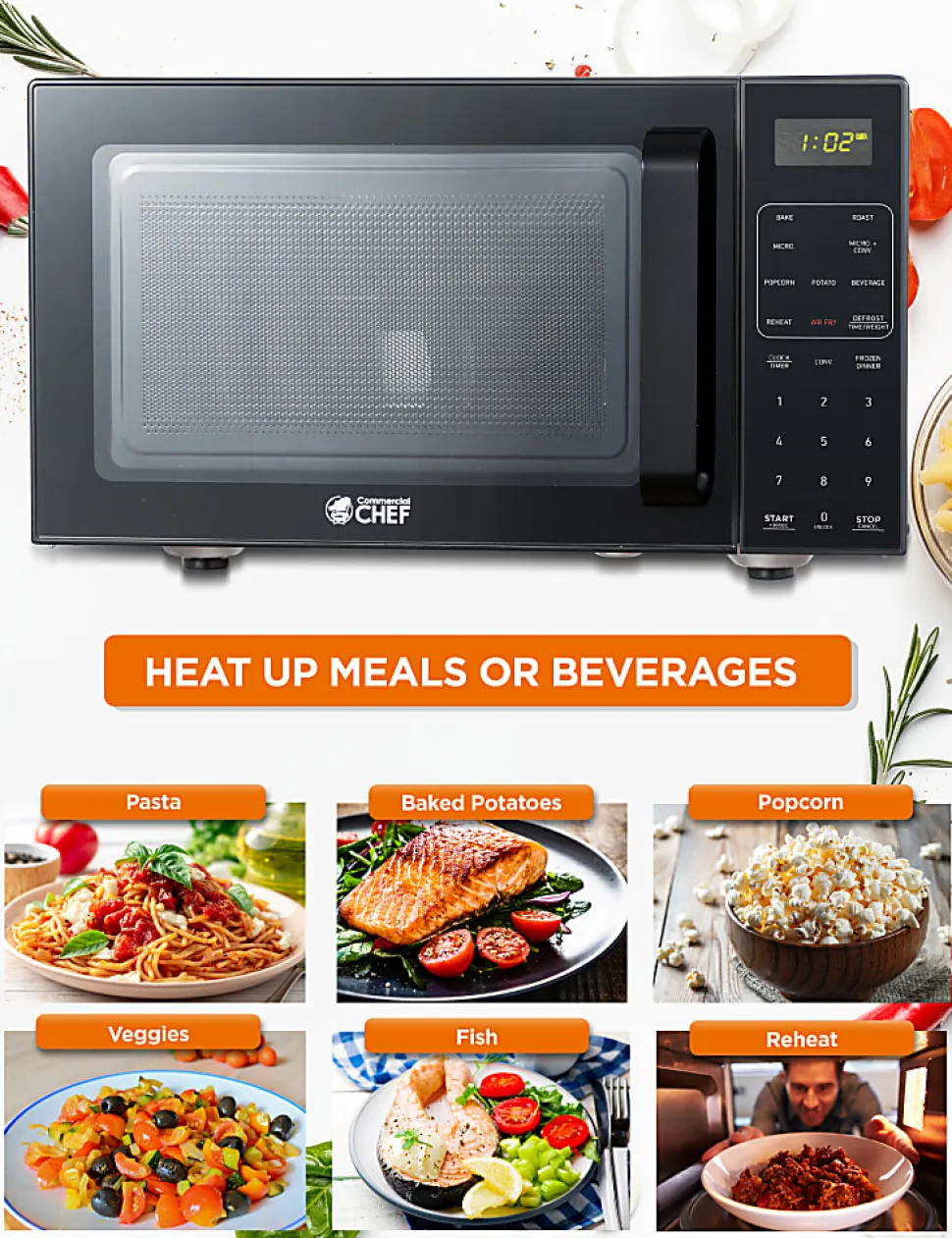 Commercial Chef 5-In-1 Countertop Microwave Air Fryer Combo, 0.9 Cu. Ft., Black