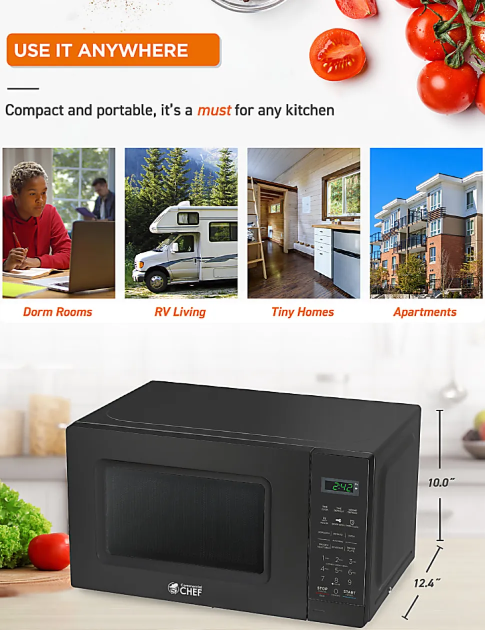 Commercial Chef Small Countertop Microwave With Digital Display, 0.7 Cu. Ft., Black
