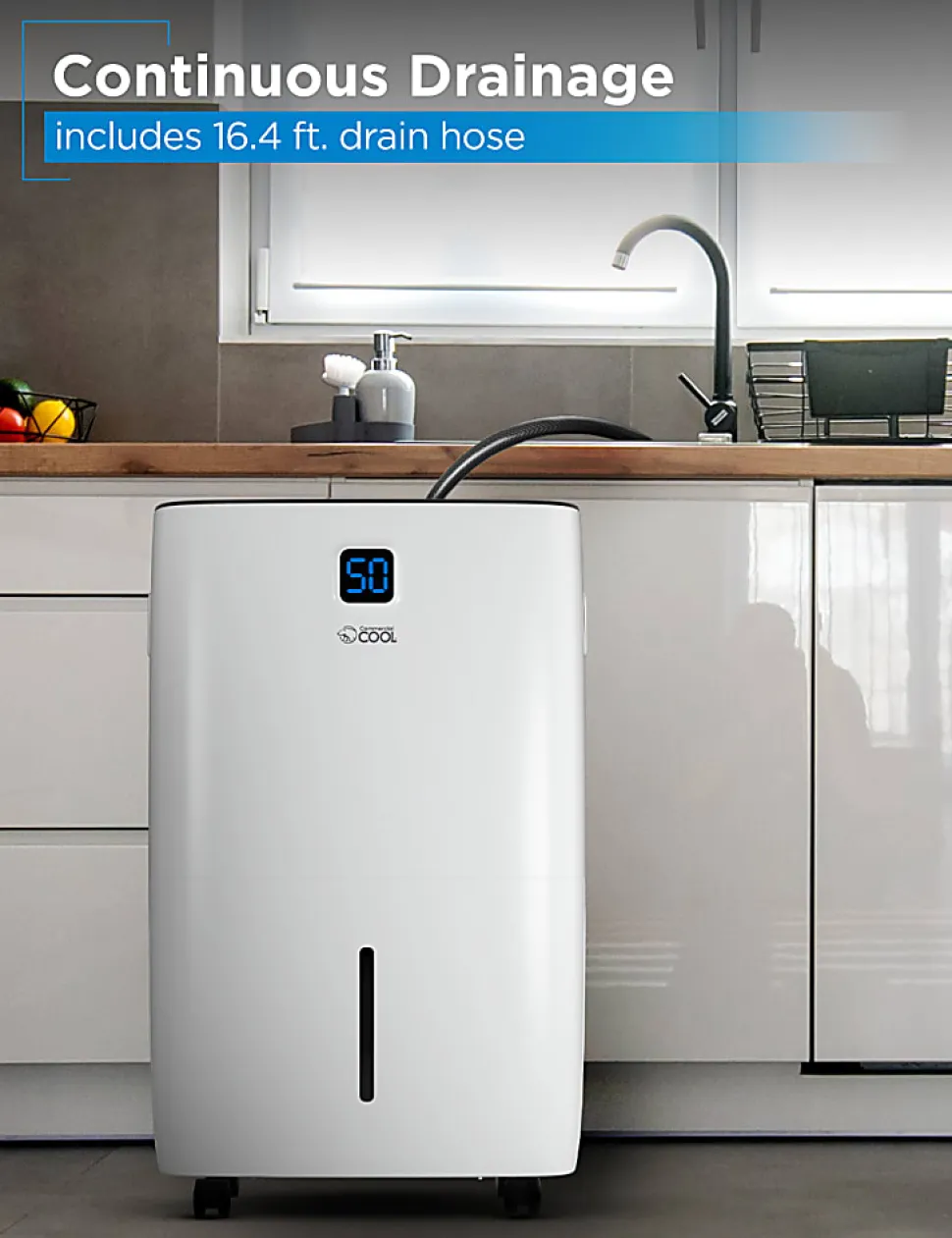 Commercial Cool Dehumidifier With Pump & Adjustable Humidistat, 50 Pint, 24-1/2”H x 15-1/2”W x 11-3/4”D