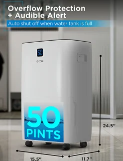 Commercial Cool Dehumidifier With Pump & Adjustable Humidistat, 50 Pint, 24-1/2”H x 15-1/2”W x 11-3/4”D