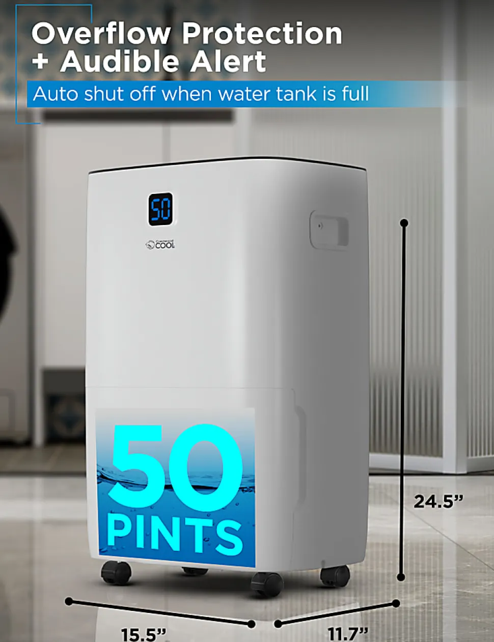 Commercial Cool Dehumidifier With Pump & Adjustable Humidistat, 50 Pint, 24-1/2”H x 15-1/2”W x 11-3/4”D
