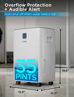 Commercial Cool Portable Dehumidifier, 35 Pint, 19-5/8”H x 13-15/16”W x 10-3/4”D
