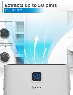Commercial Cool Portable Dehumidifier, 50 Pint, 24-1/2”H x 15-1/2”W x 11-3/4”D