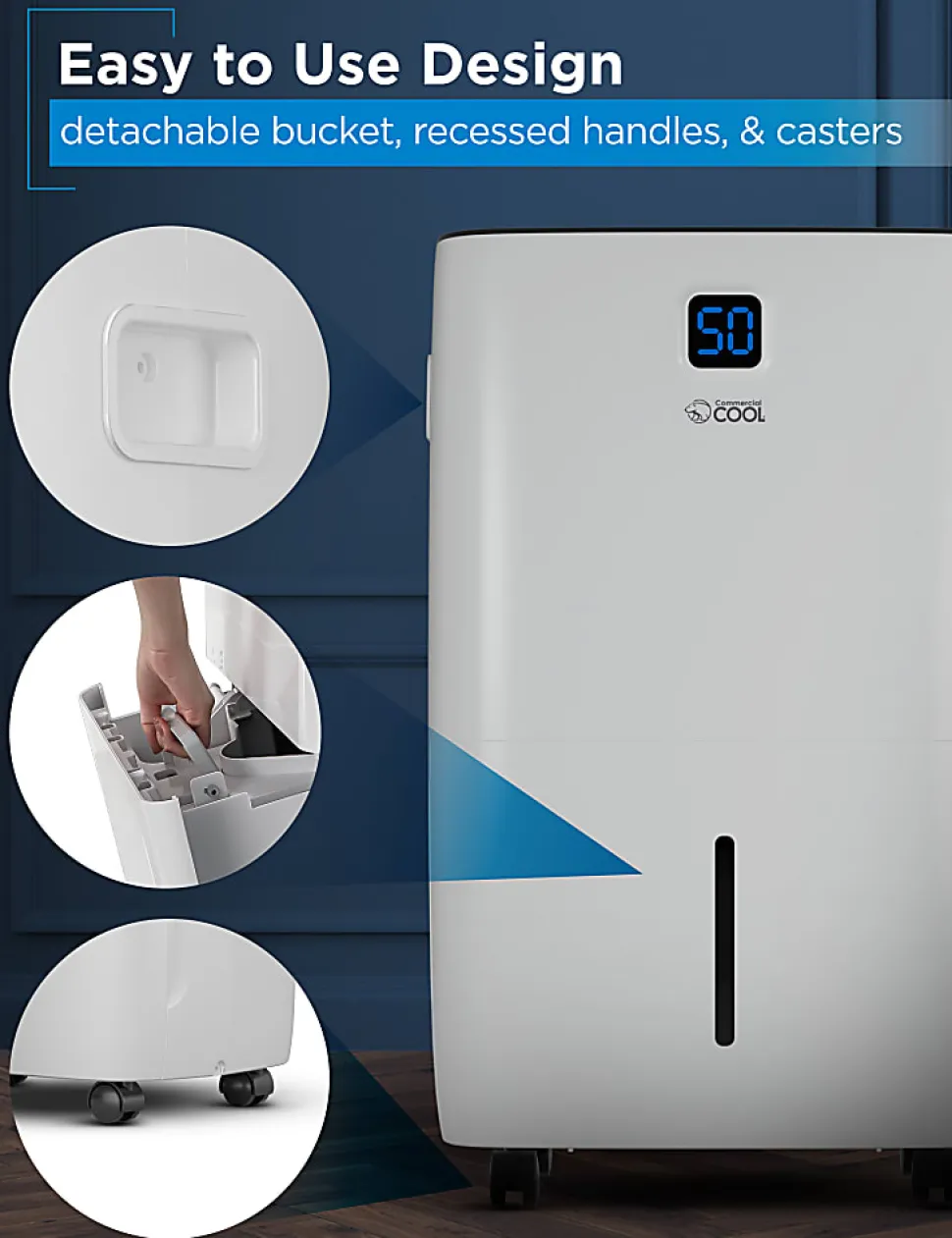 Commercial Cool Portable Dehumidifier, 50 Pint, 24-1/2”H x 15-1/2”W x 11-3/4”D