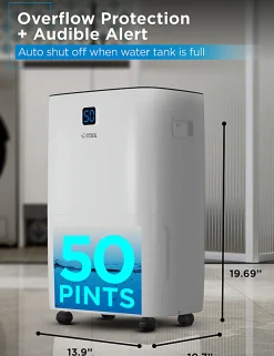 Commercial Cool Portable Dehumidifier, 50 Pint, 24-1/2”H x 15-1/2”W x 11-3/4”D
