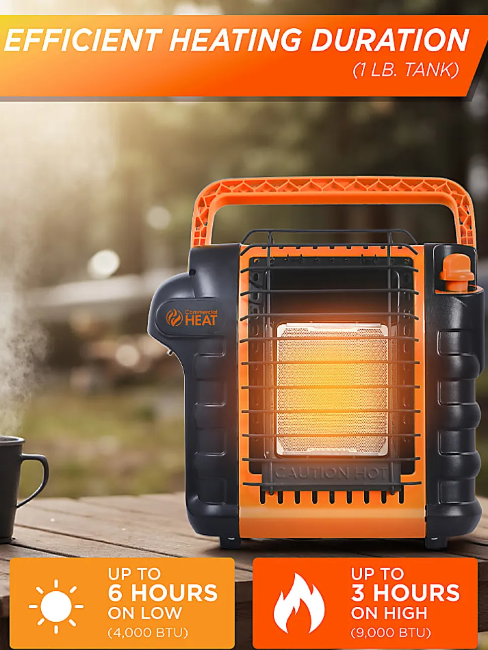 Commercial Heat Portable Outdoor Propane Heater, 9,000 BTUs, For Up To 300 Sq. Ft., 13"H x 8-1/2"W x 13"D, Orange, Total Quantity 1