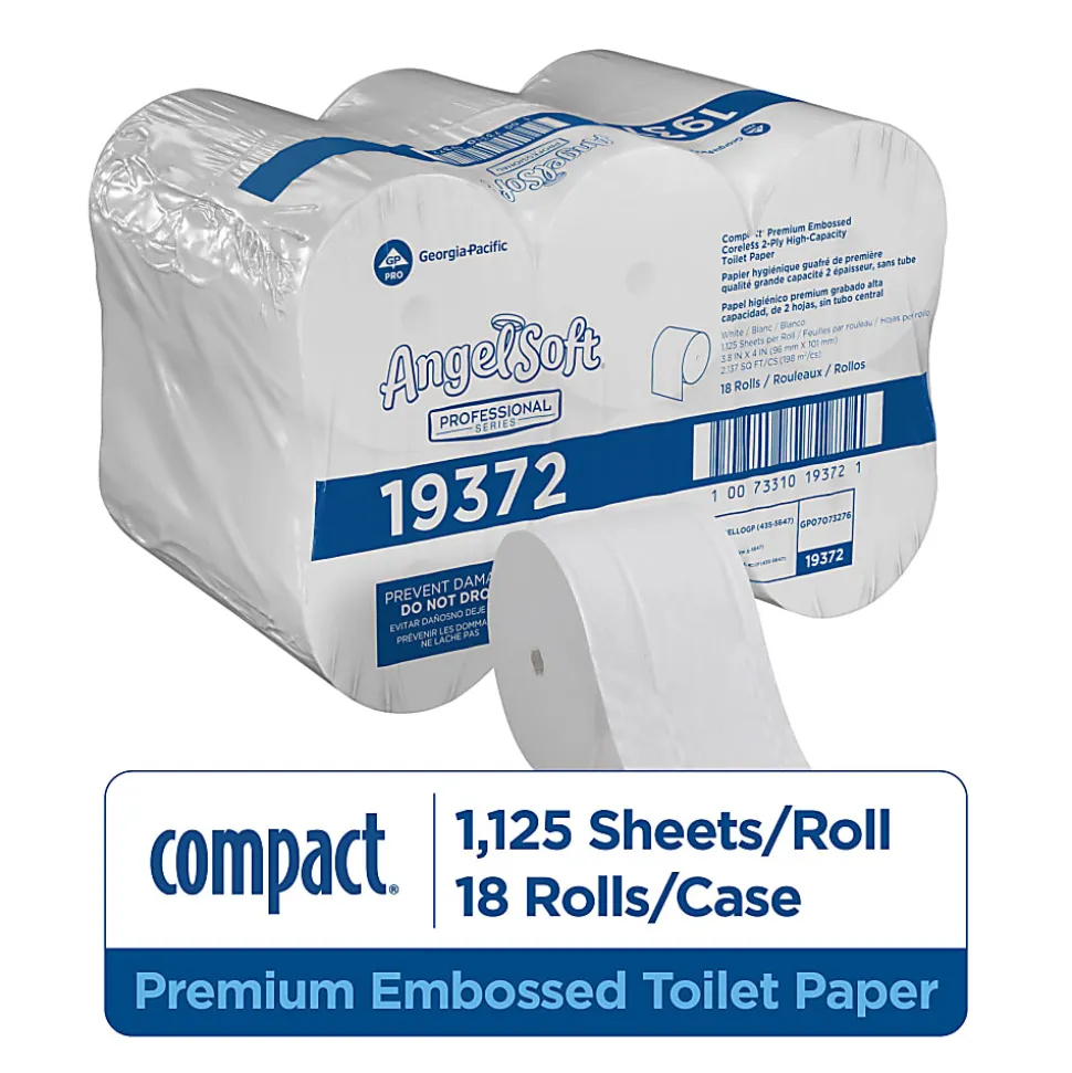 Compact® Coreless Premium Embossed Toilet Paper, Angel Soft® Professional Series, 2 Ply, 20% Recycled, 18 Rolls, 1,125 Sheets per Roll
