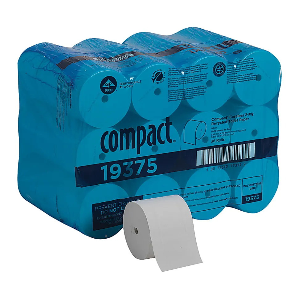 Compact® Coreless Toilet Paper, 2-Ply, 4" x 3.8" Sheets, 100% Recycled Fiber, White, 1000 Sheets, 36 Rolls per Case
