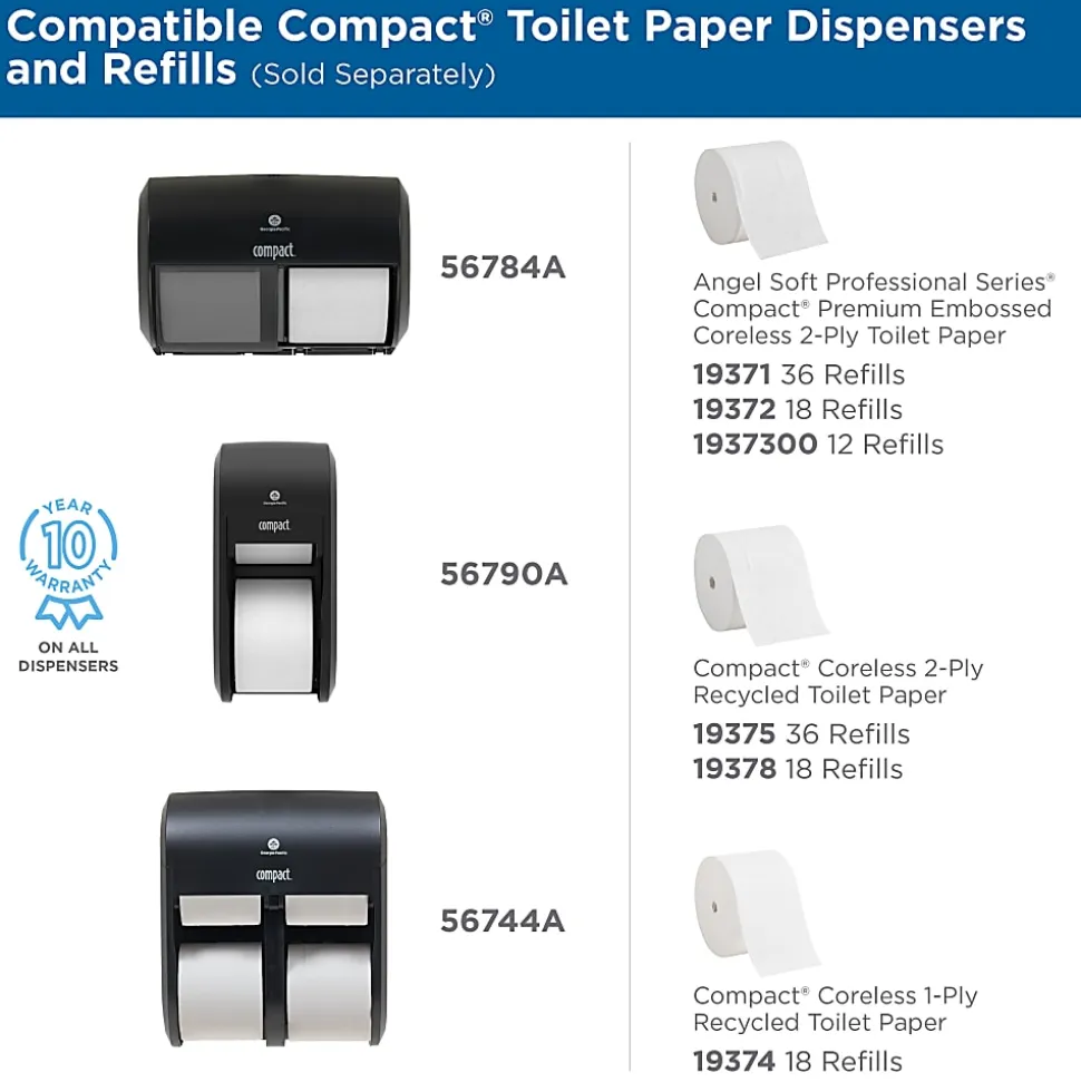 Compact® Coreless Toilet Paper, 2-Ply, 4" x 3.8" Sheets, 100% Recycled Fiber, White, 1000 Sheets, 36 Rolls per Case