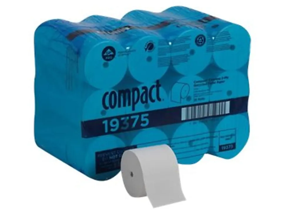 Compact® Coreless Toilet Paper, 2-Ply, 4" x 3.8" Sheets, 100% Recycled Fiber, White, 1000 Sheets, 36 Rolls per Case