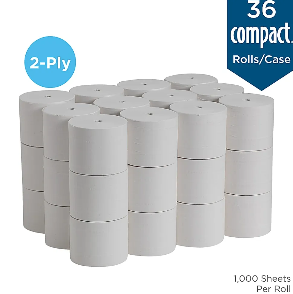 Compact® Coreless Toilet Paper, 2-Ply, 4" x 3.8" Sheets, 100% Recycled Fiber, White, 1000 Sheets, 36 Rolls per Case