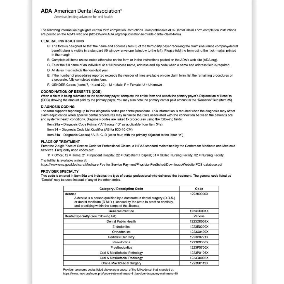 ComplyRight® ADA Dental Claim Forms (2024 Version), Laser, 8-1/2" x 11", Box Of 1,000 Forms