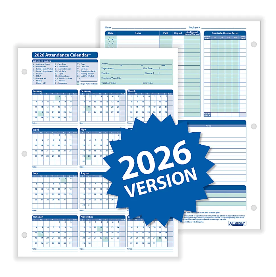 ComplyRight® 2026 Attendance Calendar Kit, 8 1/2" x 11", White, Pack Of 100