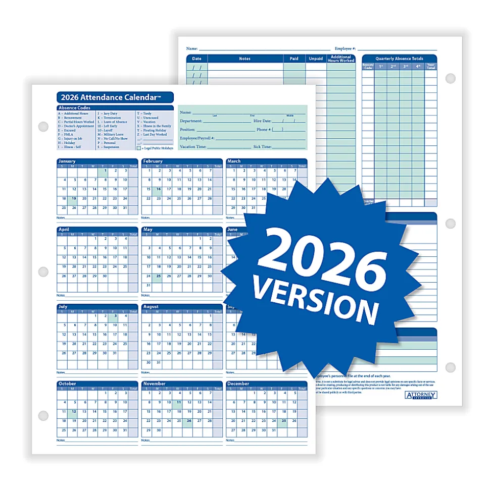 ComplyRight® 2026 Attendance Calendar Cards, 8 1/2" x 11", White, Pack Of 50