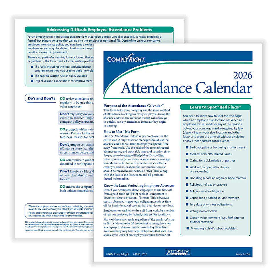 ComplyRight® 2026 Attendance Calendar Kit, 8 1/2" x 11", White, Pack Of 200