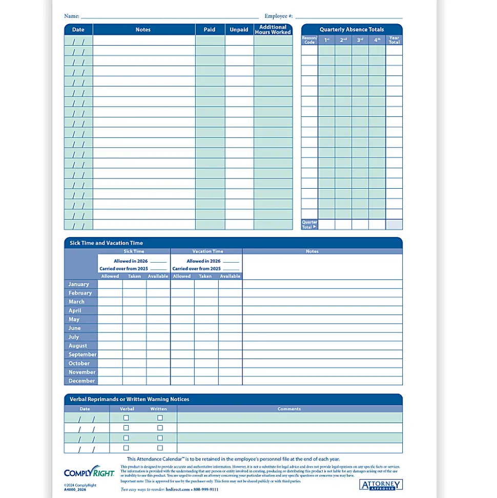 ComplyRight® 2026 Attendance Calendar Cards, 8 1/2" x 11", White, Pack Of 25