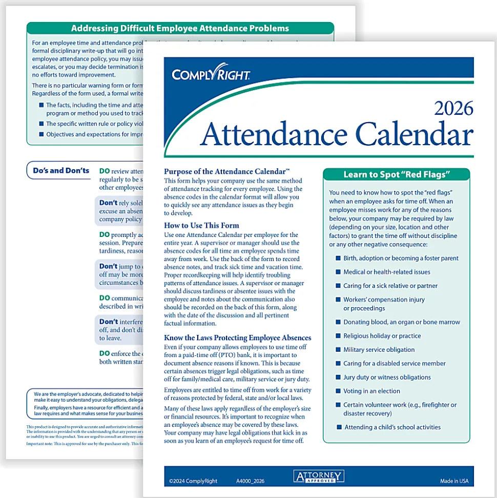 ComplyRight® 2026 Attendance Calendar Cards, 8 1/2" x 11", White, Pack Of 25