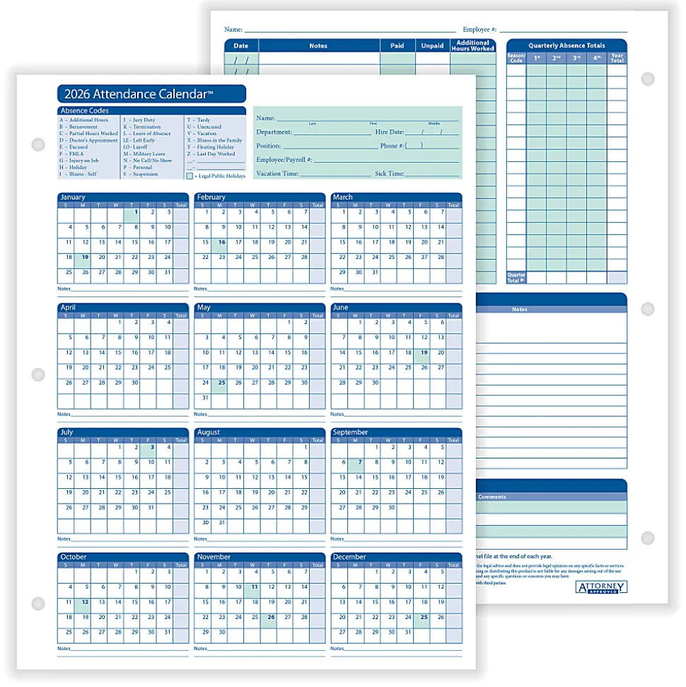 ComplyRight® 2026 Attendance Calendar Cards, 8 1/2" x 11", White, Pack Of 25
