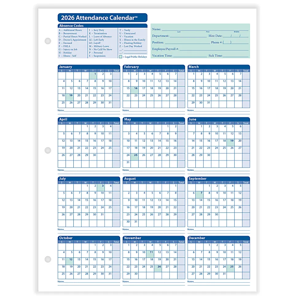 ComplyRight® 2026 Attendance Calendar Cards, 8 1/2" x 11", White, Pack Of 25
