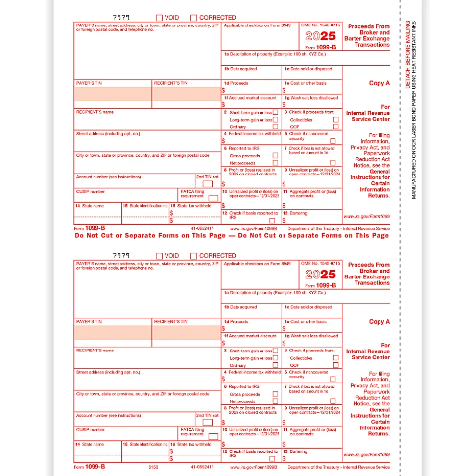 ComplyRight® 1099-B Tax Forms, Federal Copy A, 2-Up, 8-1/2" x 11", Pack Of 100 Forms