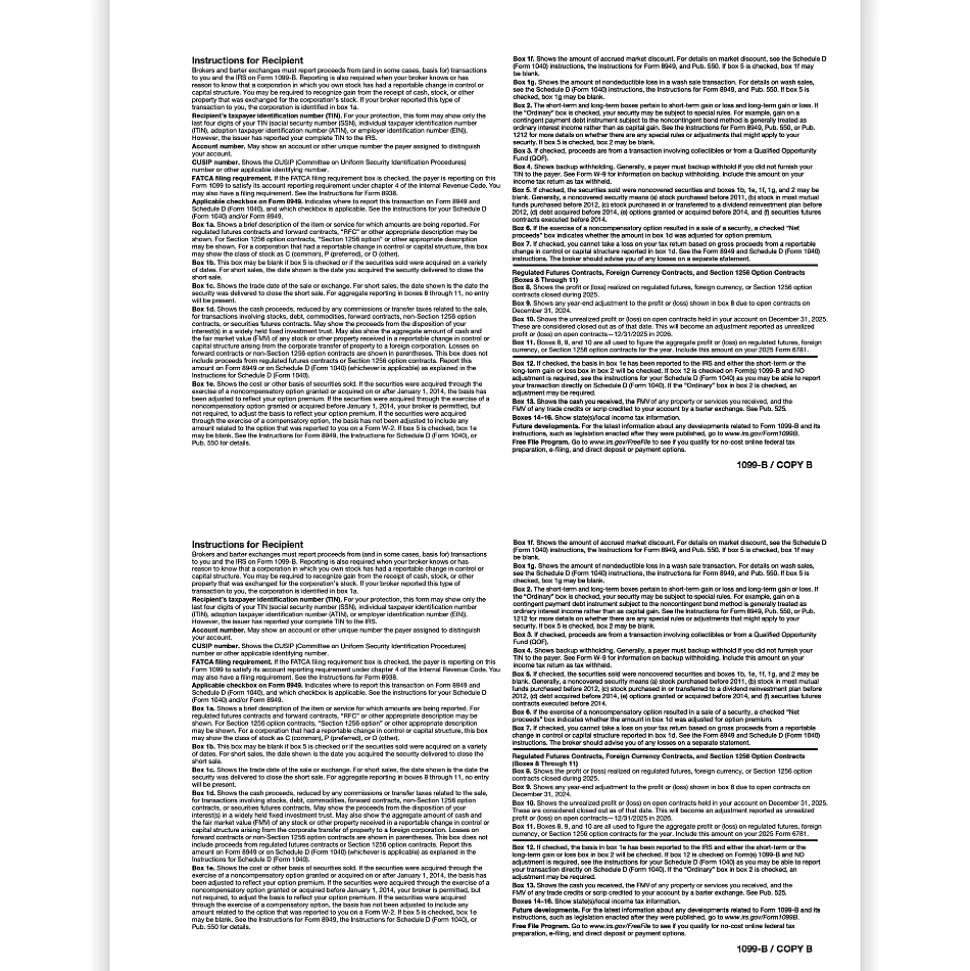 ComplyRight® 1099-B Tax Forms, Recipient Copy B, 2-Up, 8-1/2" x 11", Pack Of 100 Forms