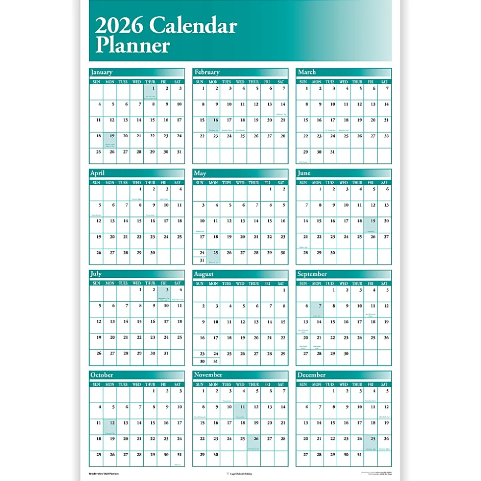 ComplyRight® 2026 Calendar Planner, 36" x 24", Green