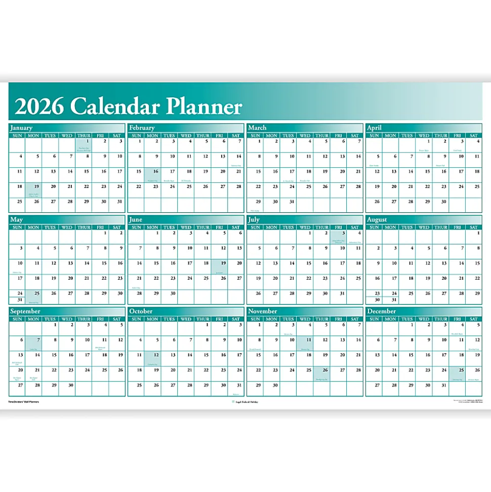 ComplyRight® 2026 Calendar Planner, 36" x 24", Green