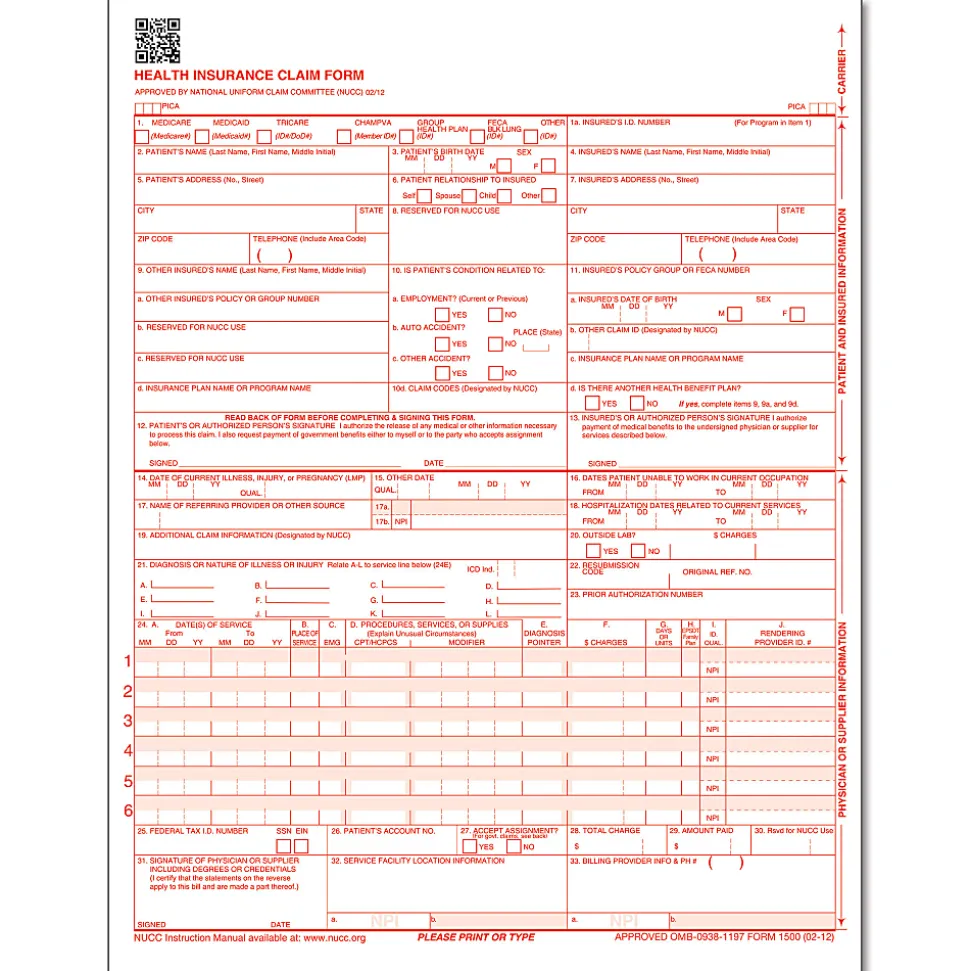 ComplyRight™ CMS-1500 Health Insurance Claim Form (02/12), Laser-Cut Sheet, 8 1/2" x 11", White, Case of 250