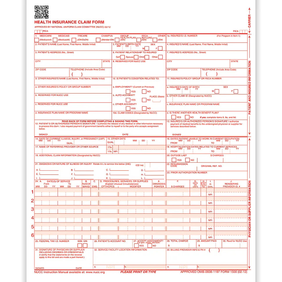 ComplyRight™ CMS-1500 Health Insurance Claim Forms, Laser-Cut Sheet, 8 1/2" x 11", White, Box Of 1,000 Forms