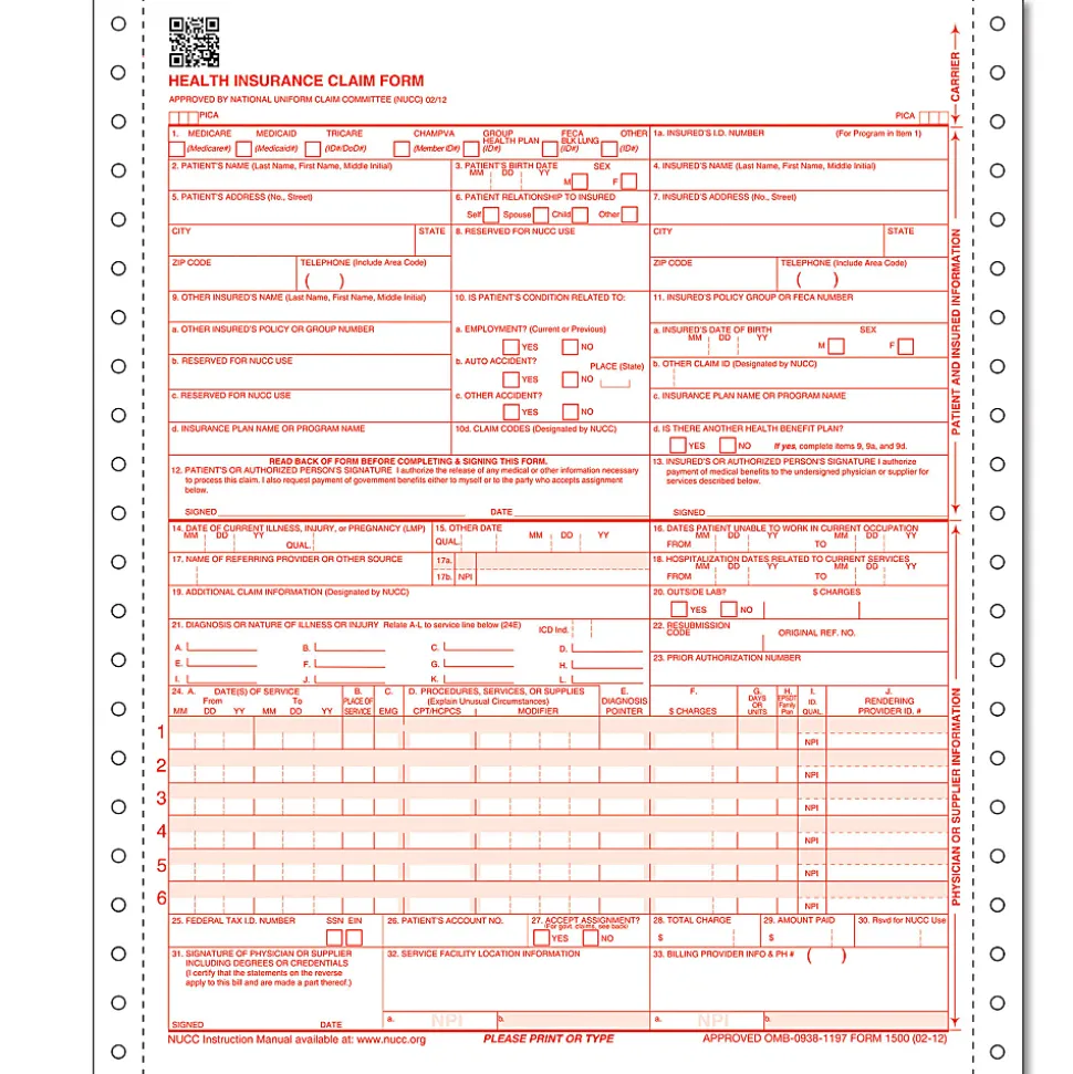 ComplyRight™ CMS-1500 Health Insurance Claim Form (02/12), 1-Part Continuous, 8 1/2" x 11", White, Case Of 1,000