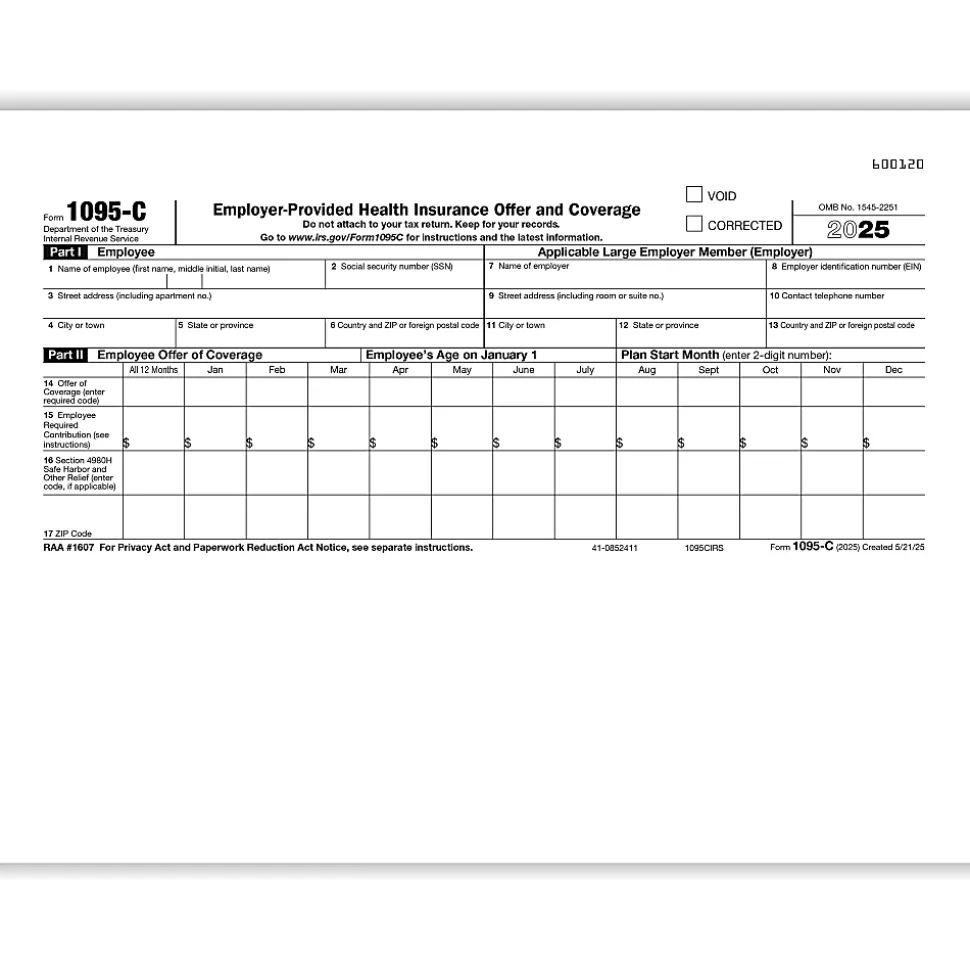 ComplyRight™ 1095-C Tax Forms, IRS Copy of Health Coverage, 8-1/2" x 11", Pack Of 50 Forms