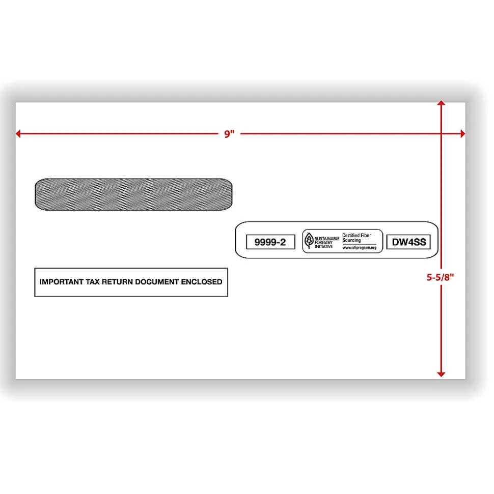 ComplyRight® Double-Window Envelopes For 4-Up W-2 (5205, 5205A, 5209) Tax Forms, 5-5/8" x 9", Self-Seal, White, Pack Of 200 Envelopes