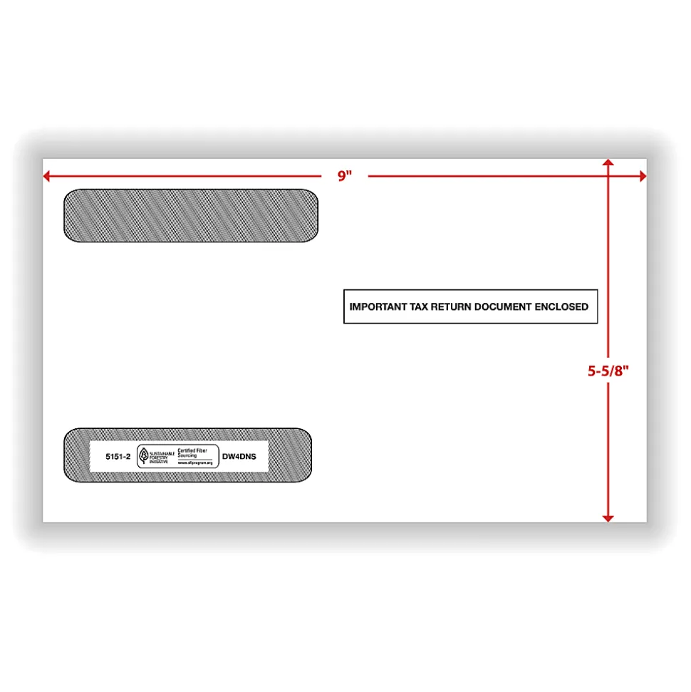 ComplyRight® Double-Window Envelopes For W-2 (5218) Tax Forms, 5-5/8" x 9", Self-Seal, White, Pack Of 100 Envelopes