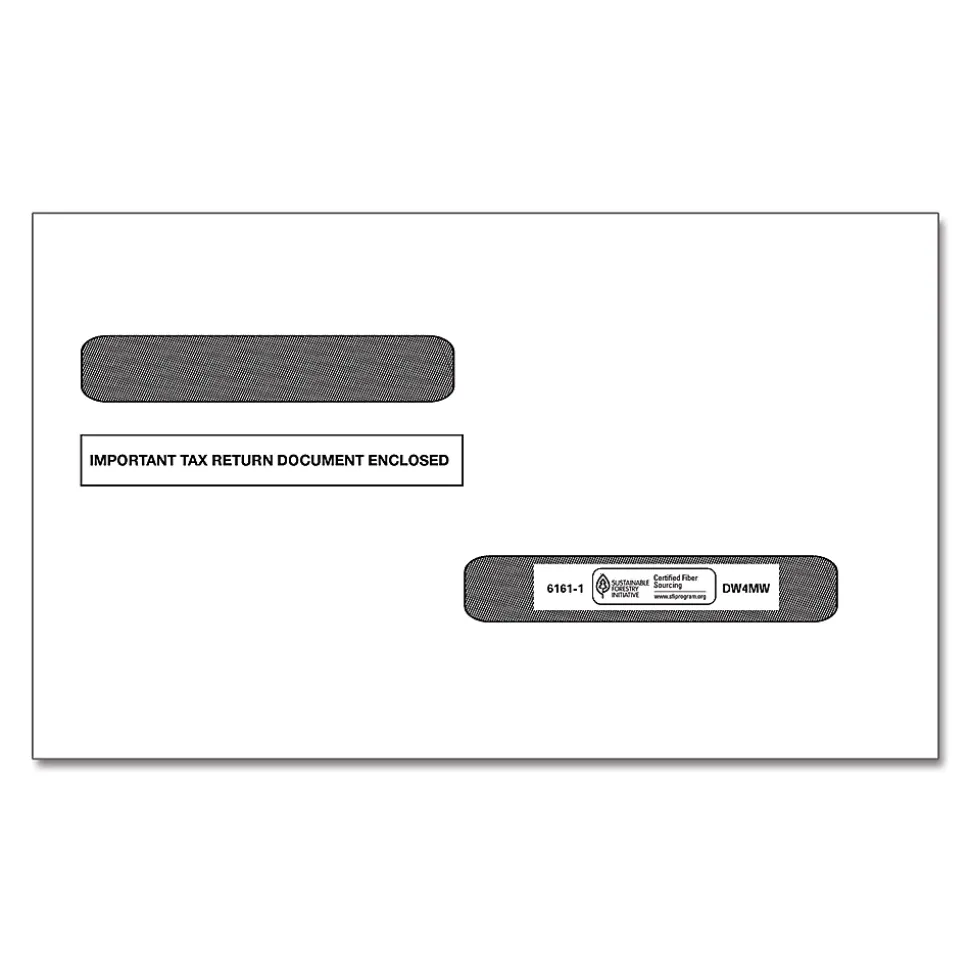 ComplyRight® Double-Window Envelopes For W-2 (5216)/1099-R (5175) Tax Forms, 5-5/8" x 9", Moisture-Seal, White, Pack Of 100 Envelopes